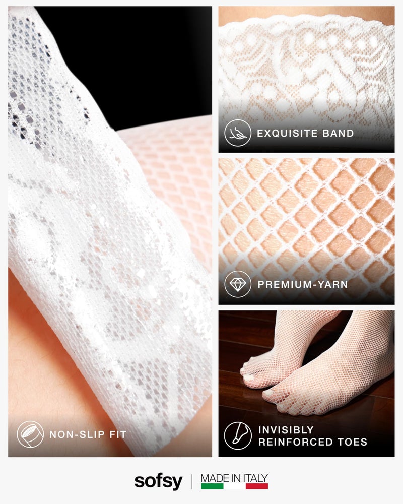sofsy Italian White Fishnet Thigh High Stockings Plus Size - Lace Top Stay Up for Curvy Women | Strechy Mesh Hosiery Sexy Lingerie - XL - Image 4